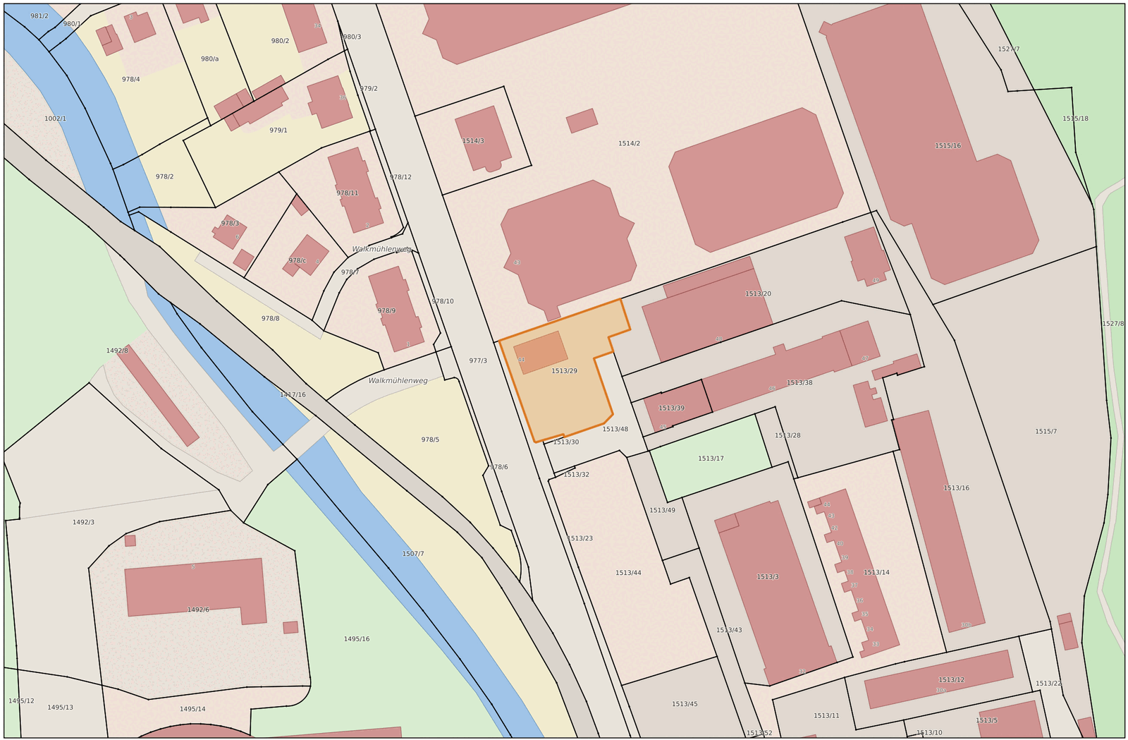 Flurkarte der Gemarkung Pirna: Flurstück 1513/29 orange hervorgehoben, umgeben von Flurstücksgrenzen, Gebäuden, Walkmühlenweg und Gewässerlauf