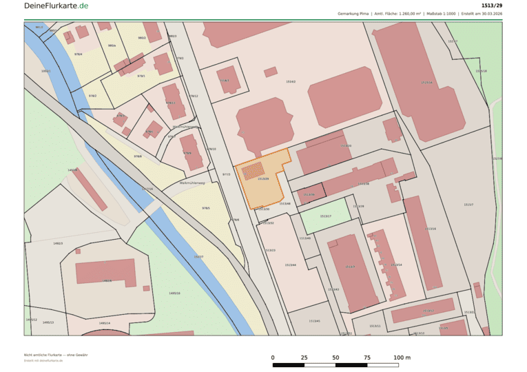 Beispiel-Flurkarte als PDF — Gemarkung Pirna, Flurstück 1513/29, Maßstab 1:1.000, A3
